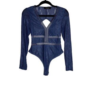 Naanaa Blue Lace Long Sleeve Backless Bodysuit Size‎ Small Sheer Coquette